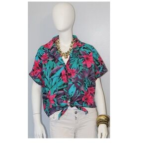 Connections Pink and Blue Vintage Tropical Tie Up Blouse Size XL